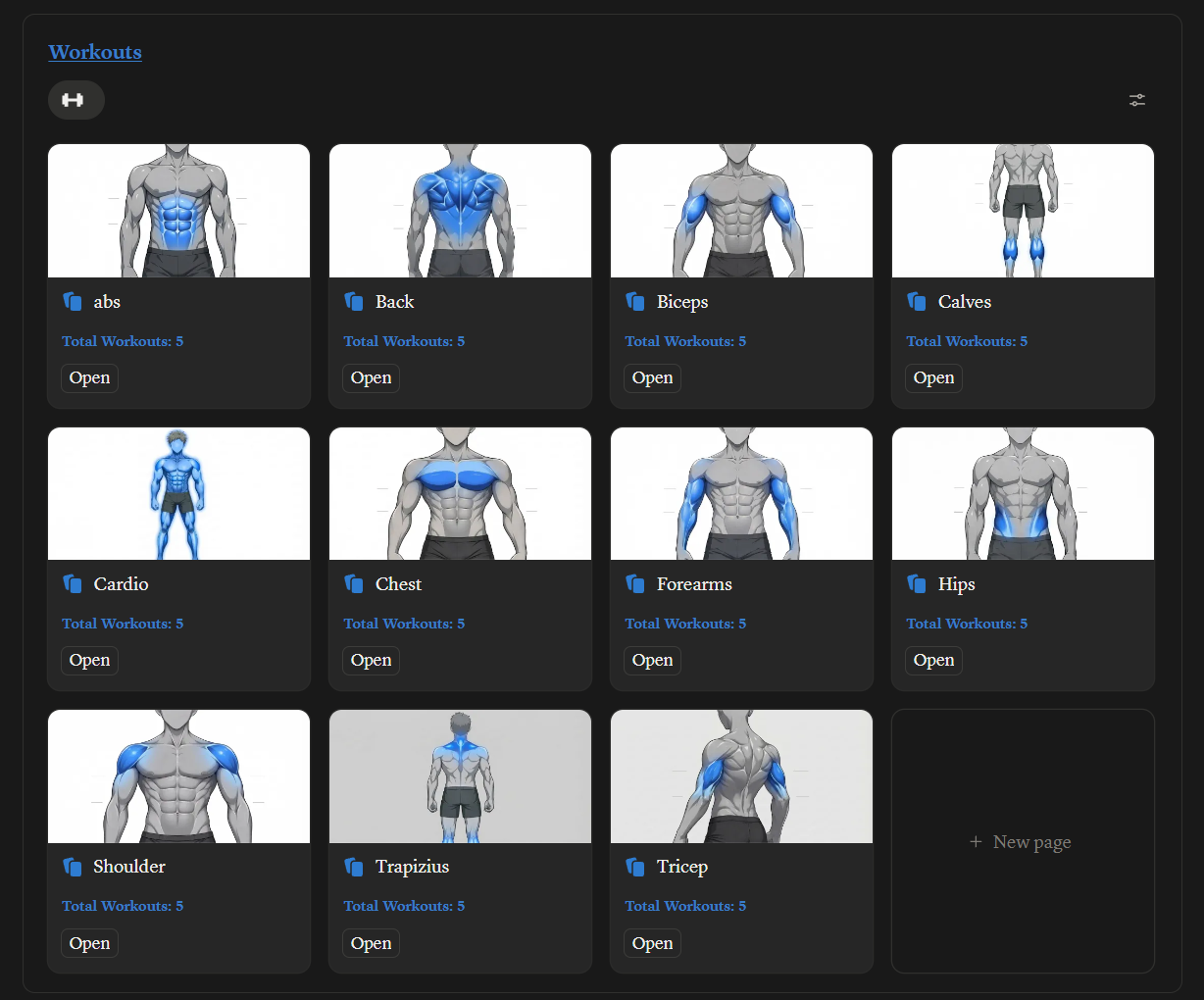 Notion fitness tracker workout library showing exercises organized by muscle group with anatomical illustrations.